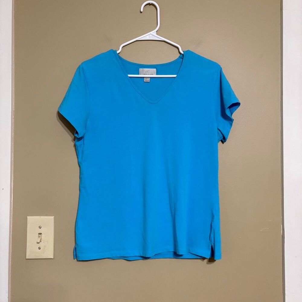 Casual Studio Womens Teal Blue V-Neck 95% Cotton Basic Short Sleeve Shirt Large
